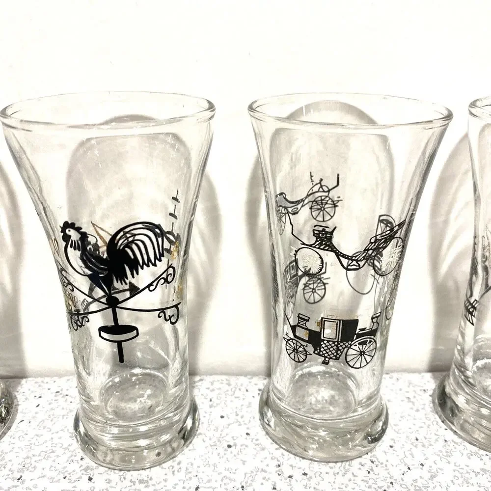 Vintage Juice Glasses Set (5) Retro Clear Glass & Black Gold Roosters Carriages